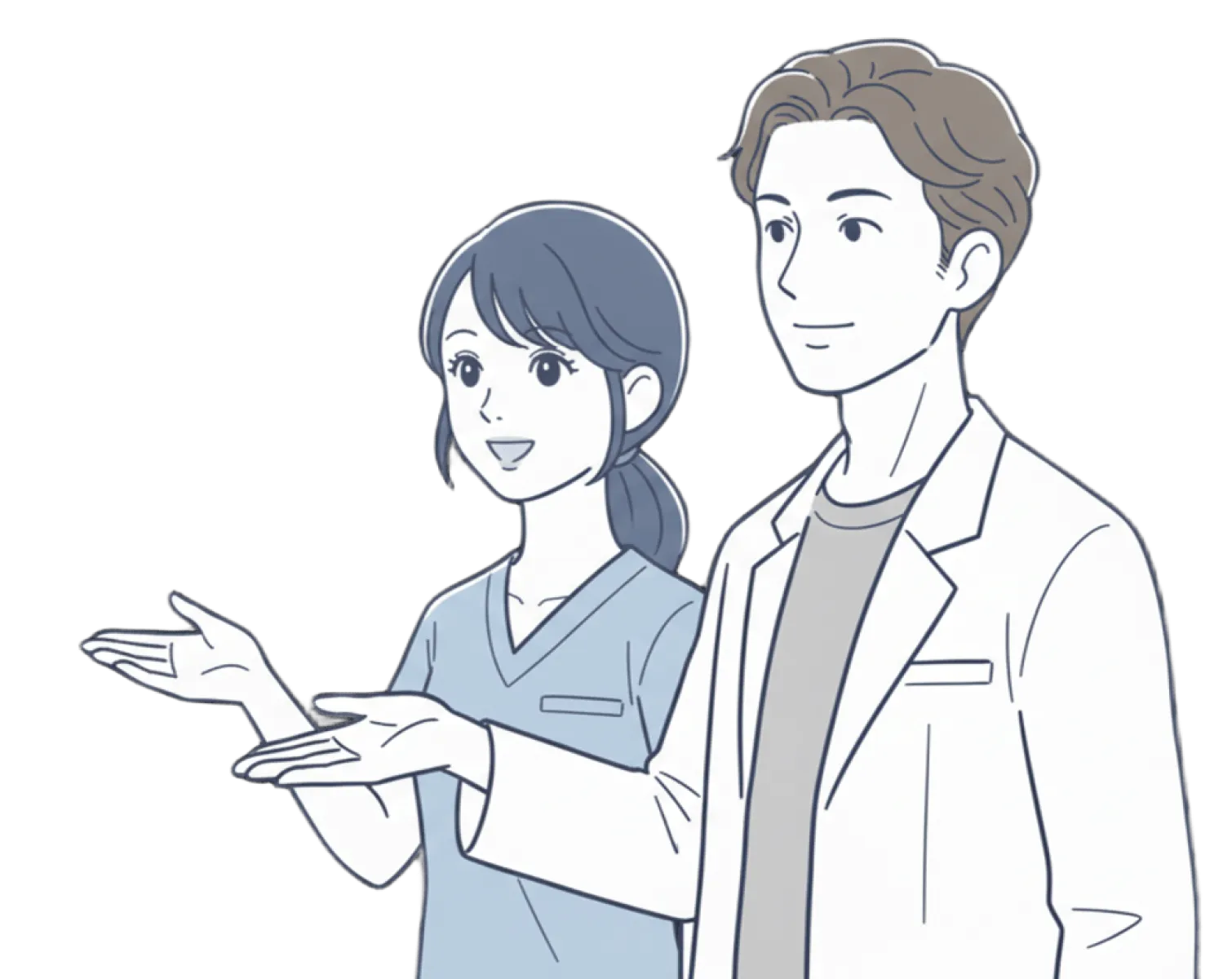 男性と女性の医療従事者が、案内している様子